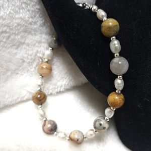 Gemstone, pearl, and silver bracelet